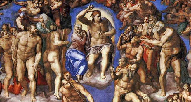 Christ, Mary, and the Apostles (detail), Michelangelo, Last Judgment, 1536-1541, fresco, 1370 x 1200 cm (Sistine Chapel, Vatican City)