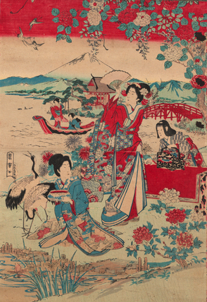 Sato Torakiyo (publisher), Geishas in a Landscape, c 1870-80, coloured woodblock print, 60 x 43 cm (Courtauld Museum, London)