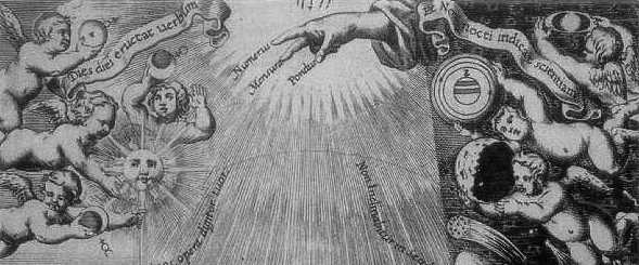 Hand of God (detail), G.B. Riccioli, frontispiece, Almagestum Novum (1651)