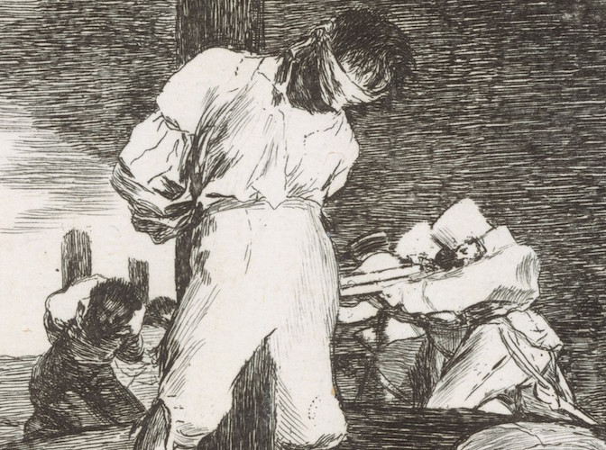 Bound figure and soldiers (detail), Francisco Goya, And there's nothing to be done (Y no hai remedio), plate 15 from The Disasters of War (Los Desastres de la Guerra), 1810, etching, drypoint, burin and burnisher, 14 x 16.7 cm (The Metropolitan Museum of Art)