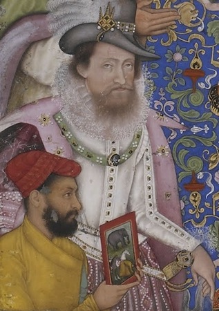 King James I of England (detail), Bichtir, Jahangir Preferring a Sufi Shaikh to Kings from the St. Petersburg Album, 1615-1618, opaque watercolor, gold and ink on paper, 180 x 253 cm (Freer|Sackler: The Smithsonian's Museums of Asian Art)