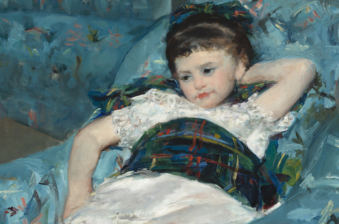 Girl sprawled on blue armchair (detail), Mary Cassatt, Little Girl in a Blue Armchair, 1878, oil on canvas, 89.5 x 129.8 cm (National Gallery of Art, Washington D.C.)