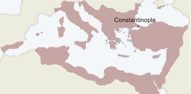 The Byzantine Empire near its peak under the Emperor Justinian, c. 550 C.E.