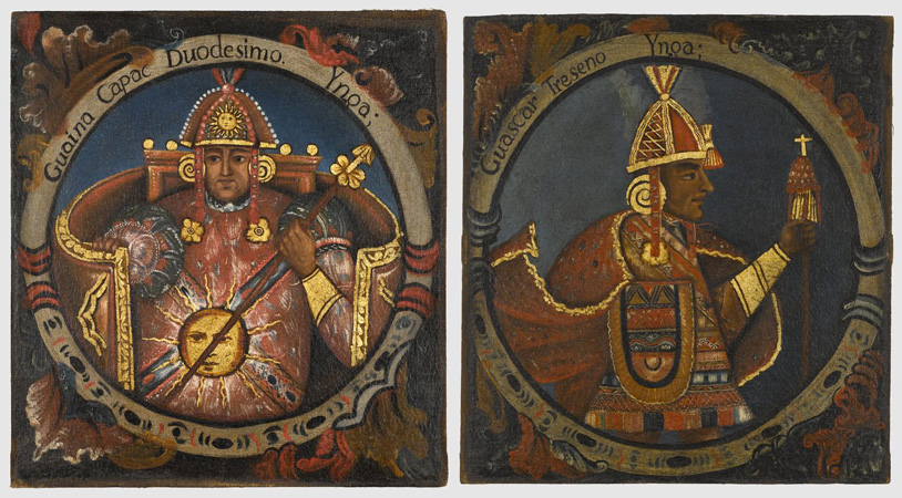  Right: Huayna Capac, Twelfth Inca, c. mid-18th century, oil on canvas, 23 1/2 x 21 11/16 inches (Brooklyn Museum of Art); left:Huascar, Thirteenth Inca, c. mid-18th century, oil on canvas, 23 1/2 x 21 11/16 inches (Brooklyn Museum of Art)