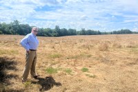 A man in a shirt and slacks stands in an empty field