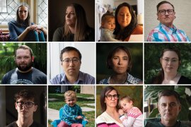 A grid of 12 photos each showing a portrait of a person or a person and their child.