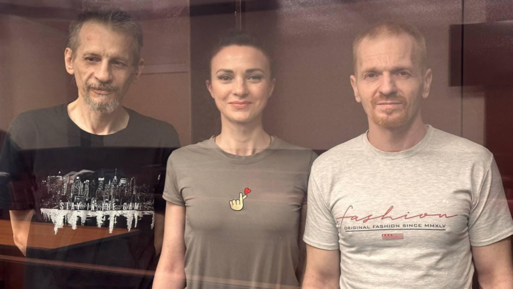 From left Serhiy Hruzynov, Natalia Vlasova, Victor Shydlovsky Photo from corrt posted by the Media Institute for Human Rights