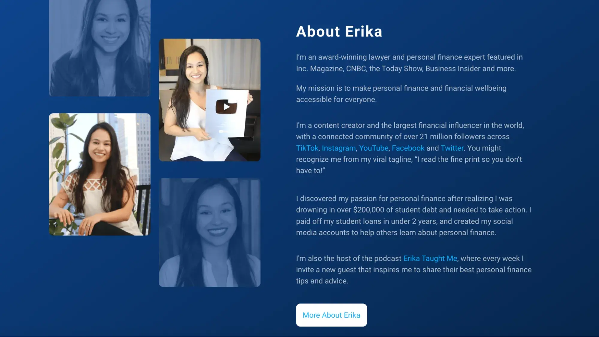 professional bio examples, Erika Kullberg, Attorney and Personal Finance Expert, personal website bio