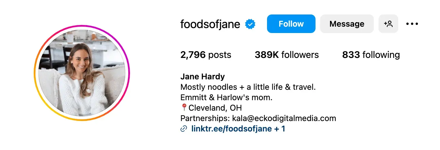 short professional bio examples, Jane Hardy, Food and Travel Blogger, Instagram bio