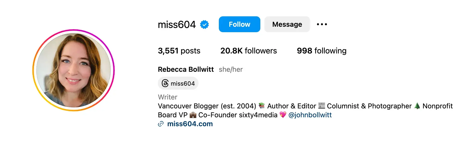 short professional bio examples, Rebecca Bollwitt, Writer, Instagram bio