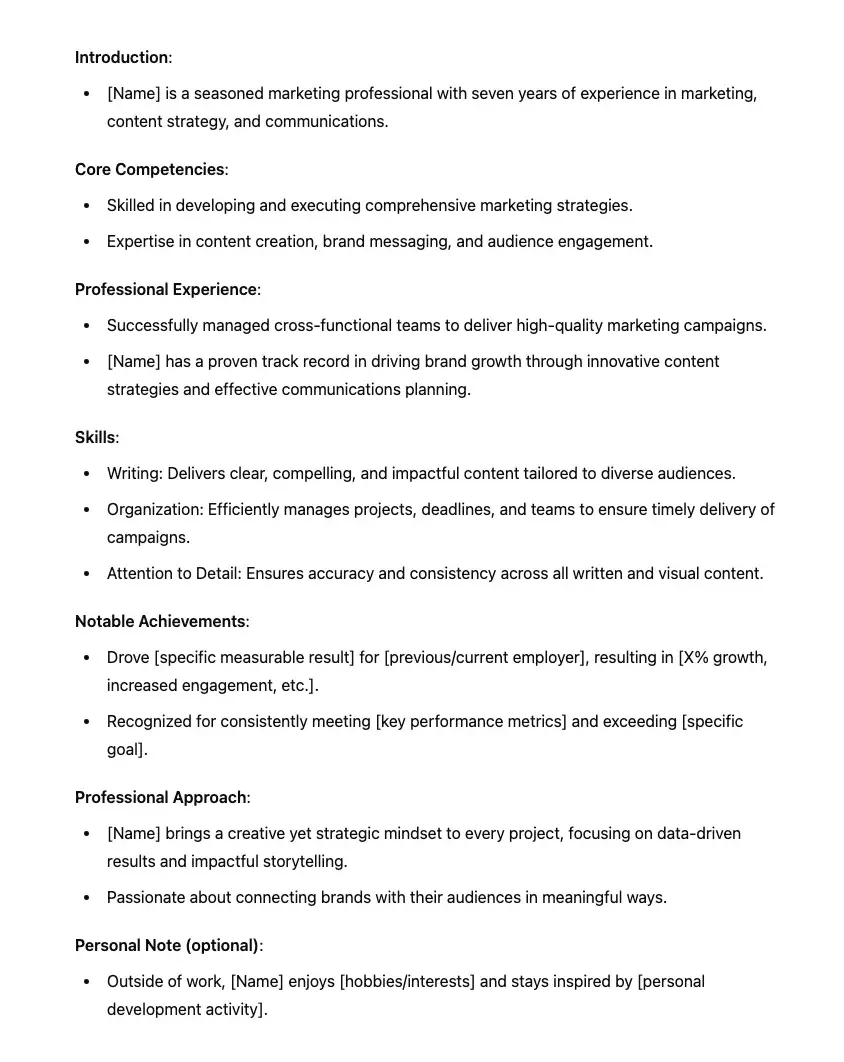 how to write a professional bio using AI, chatGPT example output for outline inspiration