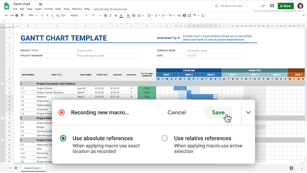 Egy Gantt-diagram a Google Táblázatokban, az „Új makró rögzítése” lehetőséggel. 