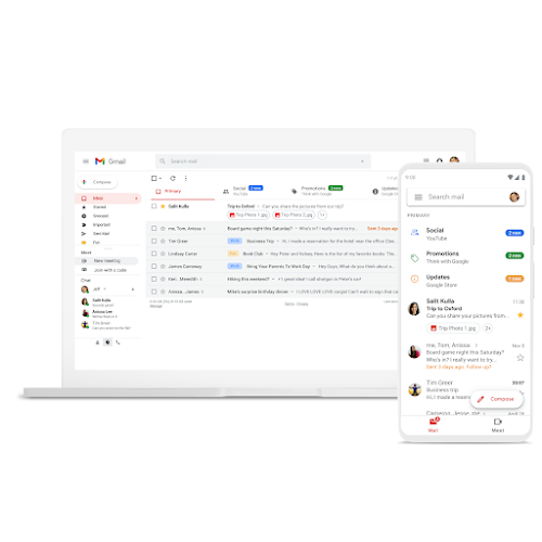 Kannettava ja puhelin, jossa on Gmail