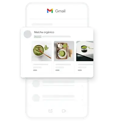 Um exemplo de um anúncio de Geração de demanda para dispositivos móveis no app Gmail com diversas imagens de matcha orgânico.