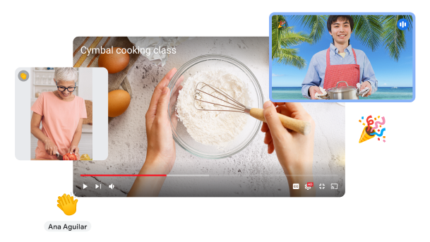 Panggilan Google Meet yang menampilkan video close-up seseorang yang sedang memasak dan dua peserta yang bergabung dari jarak jauh.