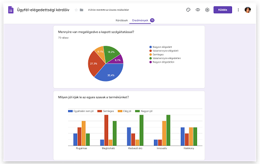 Az Űrlapok felhasználói felülete válaszokkal és a Google Űrlapok adatgyűjtésével.