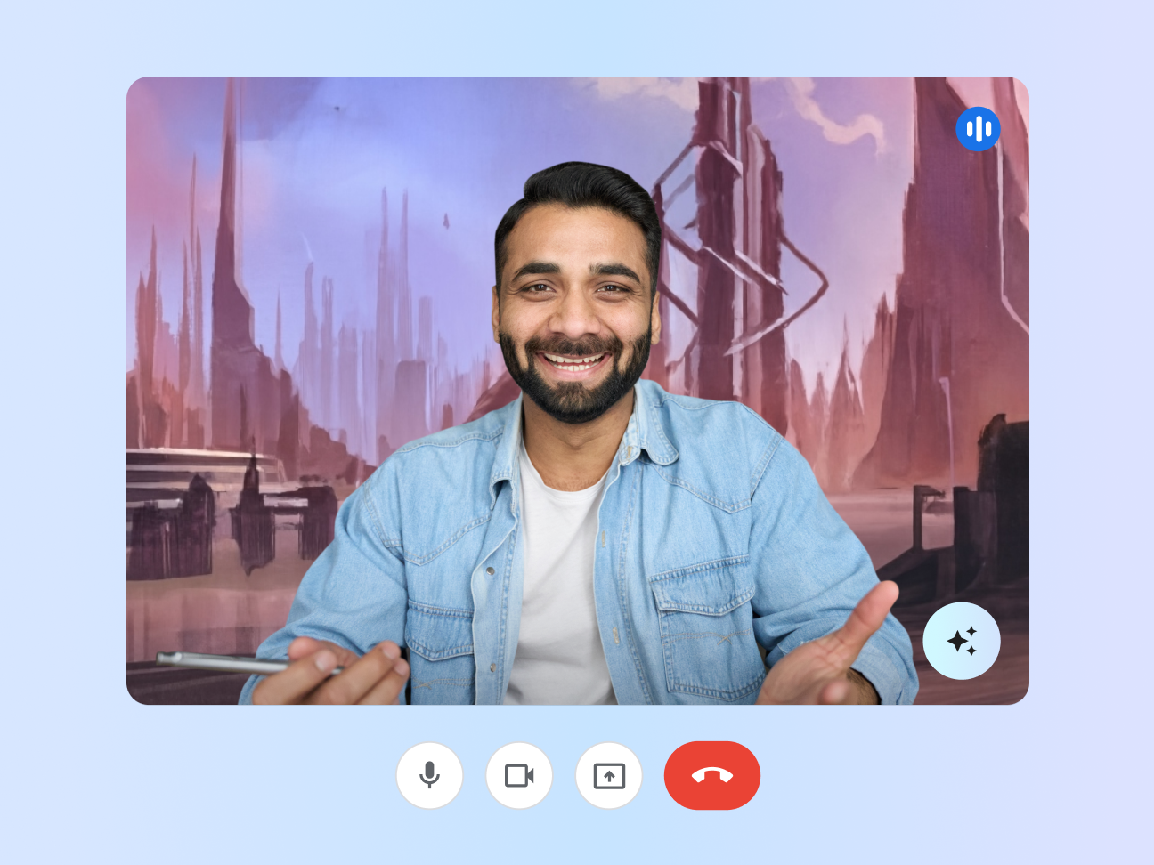 Sharp image of man smiling on a Google Meet call with Gemini's soft lighting feature applied.