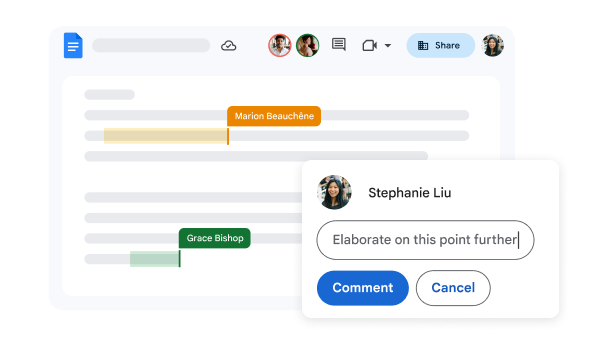 「Google 文件」用戶介面顯示多個作者和留言。