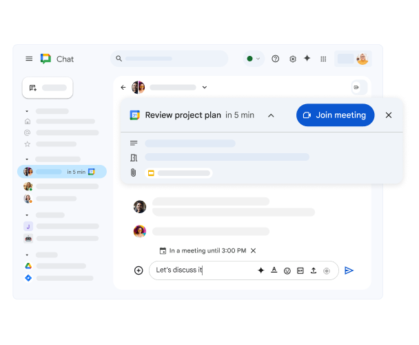 Una ventana de Google Chat en la que se muestran una próxima reunión en el Calendario de Google y un vínculo para unirse.