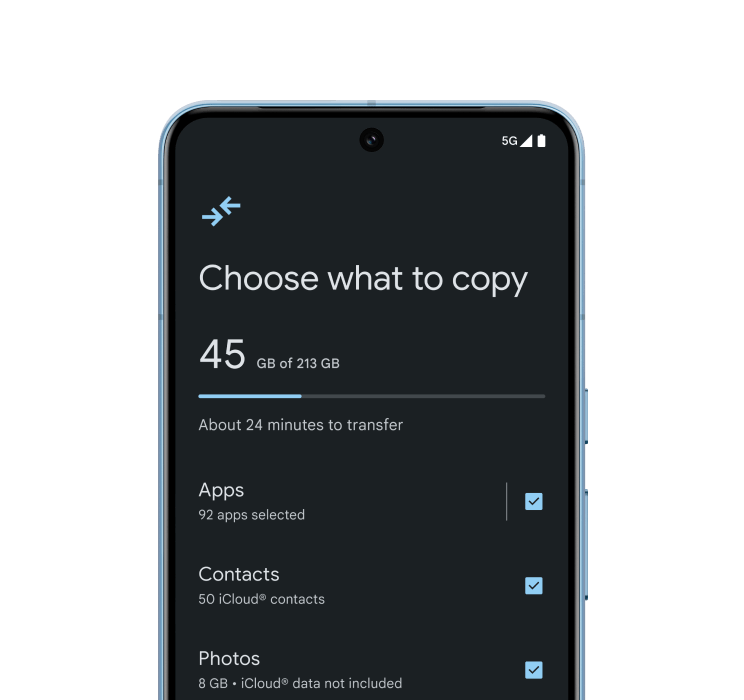 A Pixel phone displays a screen asking the user what data they want to copy over from their old phone.