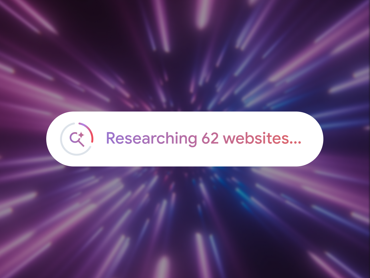 Still image of a loading screen with purple streaks emanating from the center and a search bar that reads 'Researching 62 websites...'