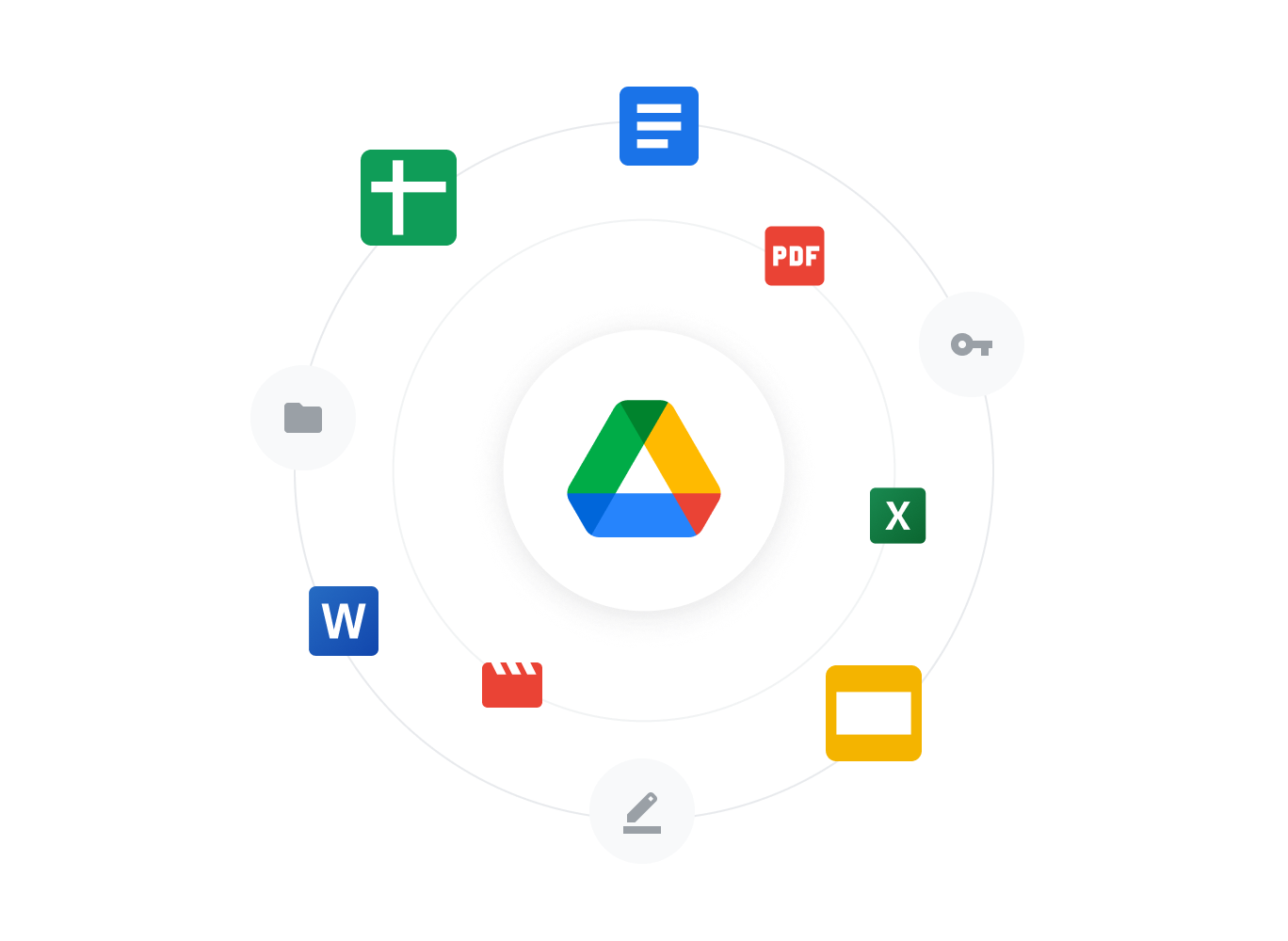 Un nuage de logos de produits Google Workspace populaires.