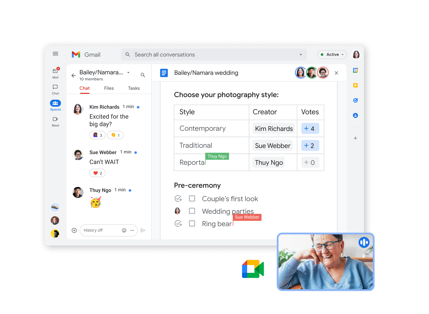 Gmail chat function with document collaboration and video chat on one screen