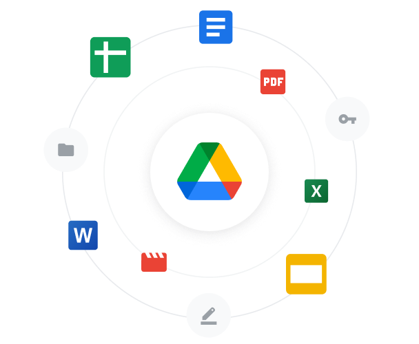 Un nuage de logos de produits Google Workspace populaires.