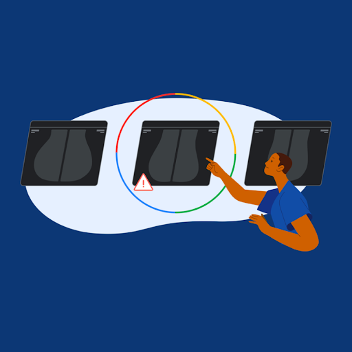 An illustration of a doctor pointing to mammogram results, one of which is circled with a caution symbol