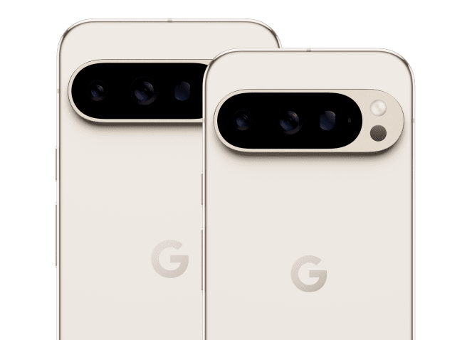 The backs of Pixel 9 Pro XL and 9 Pro, both in Porcelain color, showing off a sleek new camera bump.