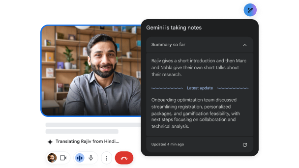 Selama panggilan video berlangsung, Gemini di Meet menerjemahkan bahasa Hindi ke bahasa Inggris dan membuat catatan.