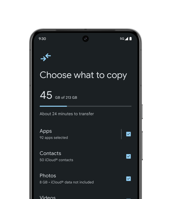 A Pixel phone displays a screen asking the user what data they want to copy over from their old phone.