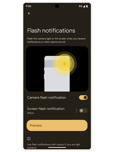 An Android accessibility settings screen for 'Flash notifications'. An illustration of the back of the phone's torch illuminated with the toggled options for 'Camera flash notification' and 'Screen flash notification', along with a 'Preview' button.