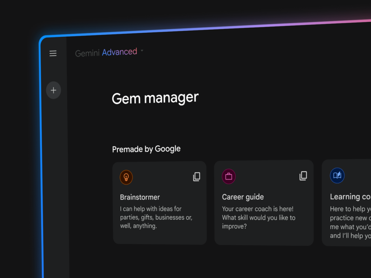 The Gem manager interface within Gemini Advanced shows three 'gems' or interactive cards: Brainstormer, Career guide, and Learning aid, each with a brief description of its function.