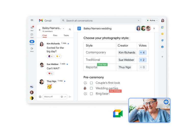 Gmail chat function with document collaboration and video chat on one screen