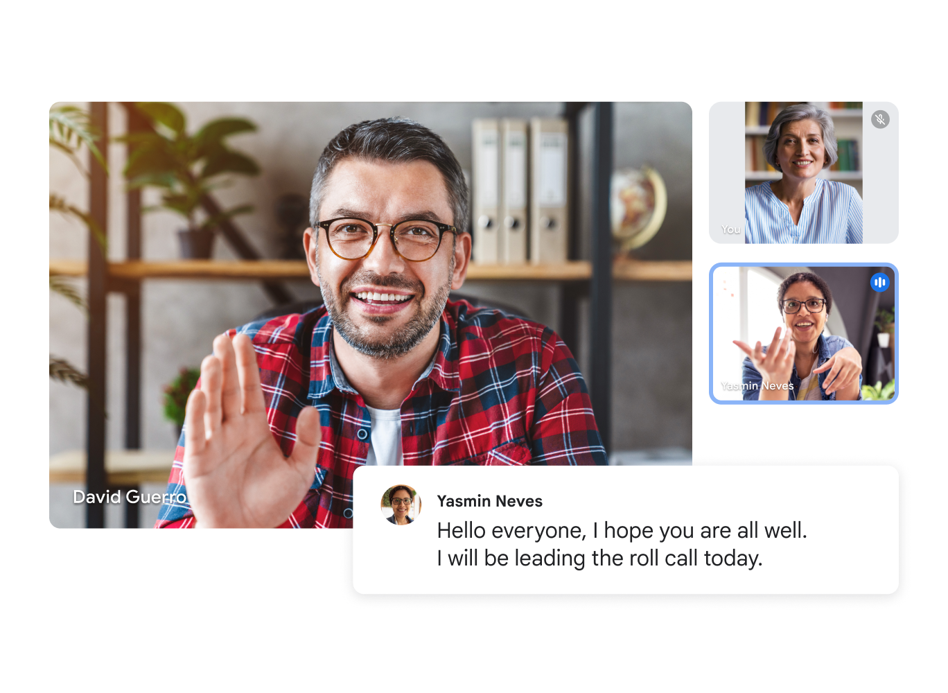 Panggilan video Google Meet yang memperlihatkan tiga orang pengguna, dengan transkrip instan yang berbunyi, "Hello, everyone, I hope you all are well. I will be leading the roll call today.” 