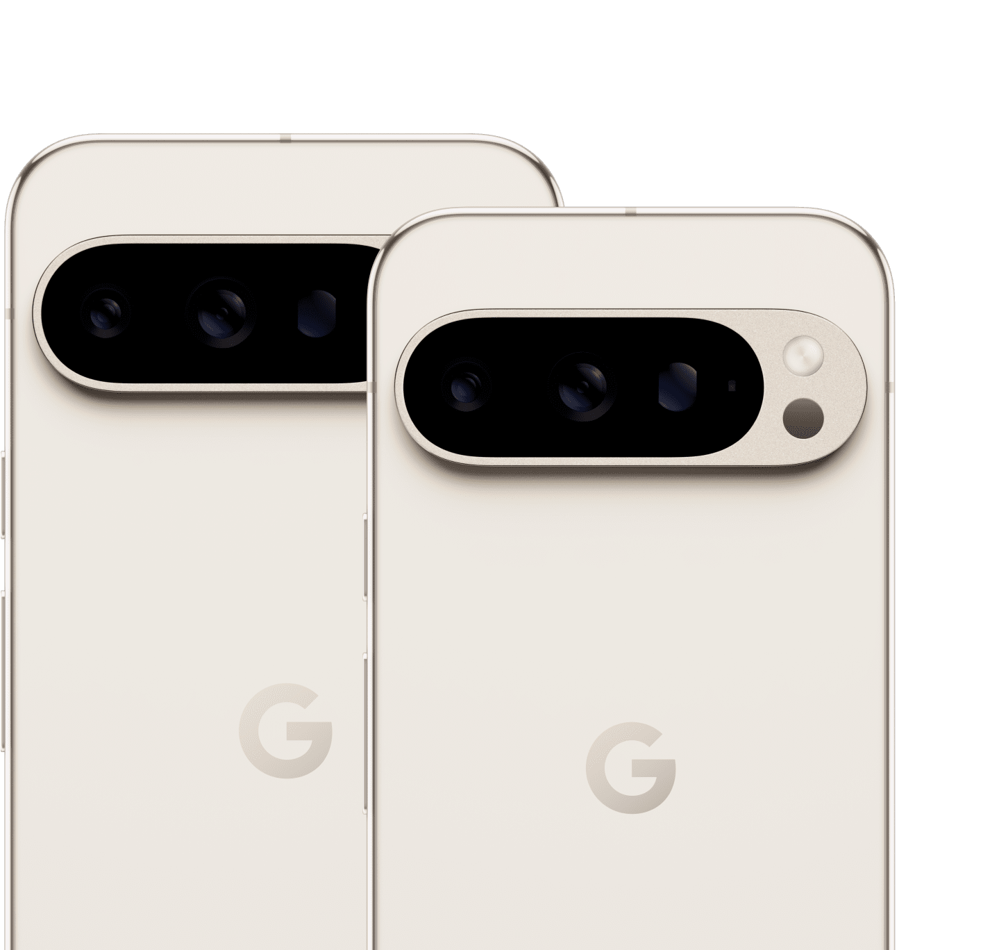 The backs of Pixel 9 Pro XL and 9 Pro, both in Porcelain color, showing off a sleek new camera bump.