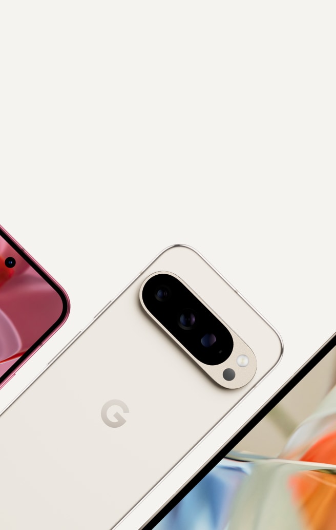 A diagonal display of the backs of Pixel 9 in Peony color, Pixel 9 Pro in Porcelain color, and Pixel 9 Pro XL in Obsidian color, with the back of the Pixel 9 Pro as the main focus.