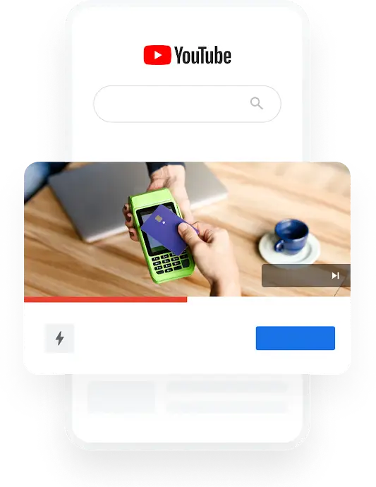 Ilustração de um smartphone que mostra uma consulta de pesquisa do YouTube pelos melhores bancos on-line que resulta em um anúncio em vídeo.