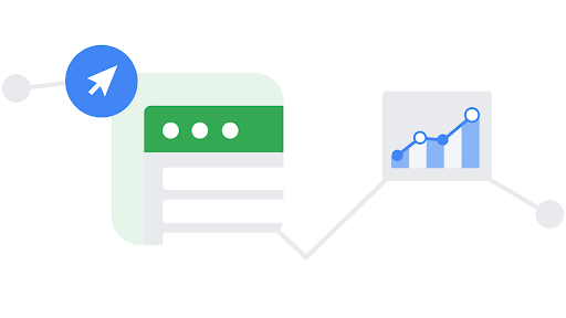 Ilustraciones que muestran una cuenta de Google Ads y un gráfico de Google Analytics.