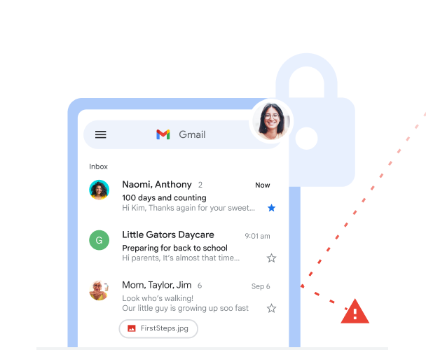 Gmail primary inbox with separate warning icon to the site