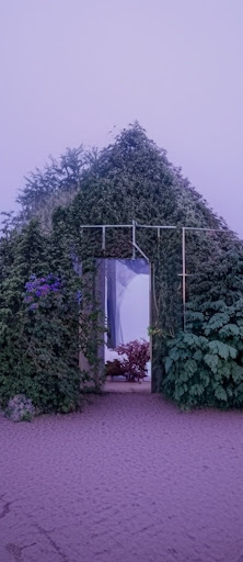 用植物建成的房屋，由 AI 生成。一扇敞開的門展示著一束靛藍色花朵。背景是靛藍色的天空和有裂痕的靛藍色地面，並顯示提示「用靛藍色植物建成的房屋」