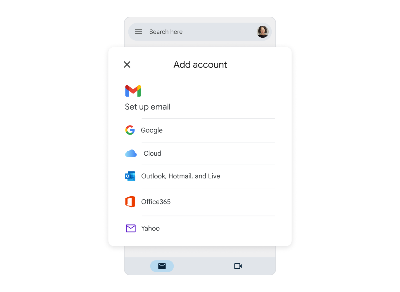 A simplified phone UI has the header 'Add account' and shows icons from different email services, demonstrating the simplicity of adding different email providers to the Gmail app.