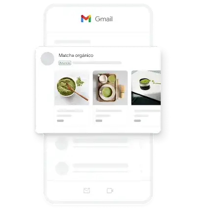 Un ejemplo de un anuncio de generación de demanda para dispositivos móviles que se publica en la app de Gmail, en el que se destacan varias imágenes de té matcha orgánico.