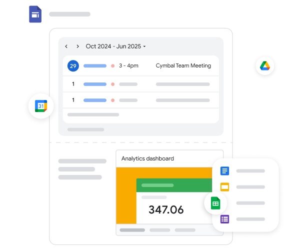 Interface do Workspace que mostra eventos de calendário e um painel de controlo de estatísticas incorporado