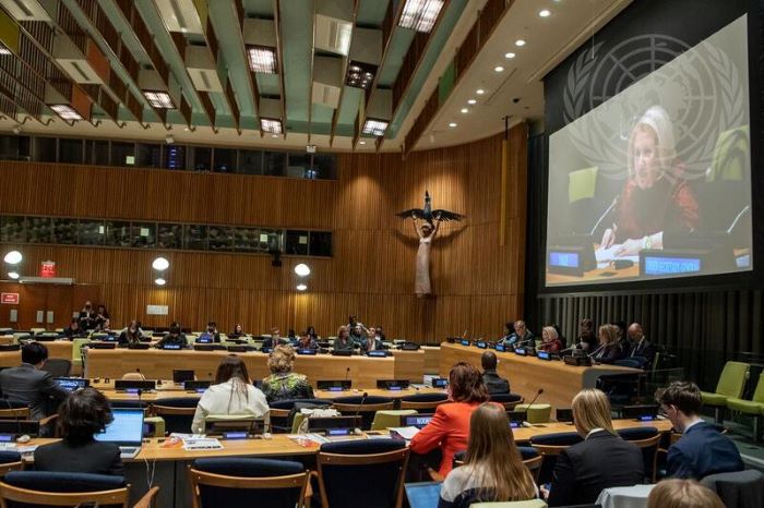 A wide view of the Trusteeship Council chamber with Melanne Verveer shown speaking on a large screen at the front of the room.