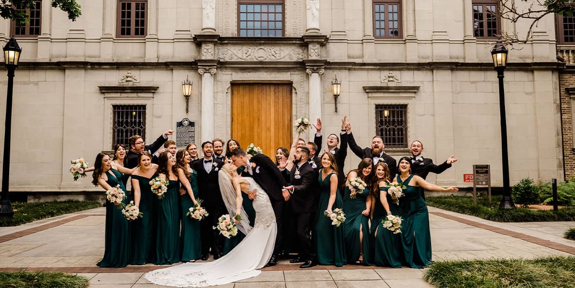 Wedding photo of bride and groom kissing