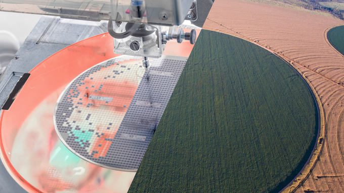 an aerial view of a circular irrigation system in a field