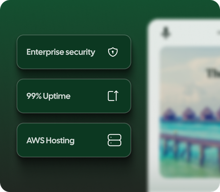 A green background with three buttons that say enterprise security , 99 % uptime , and aws hosting.