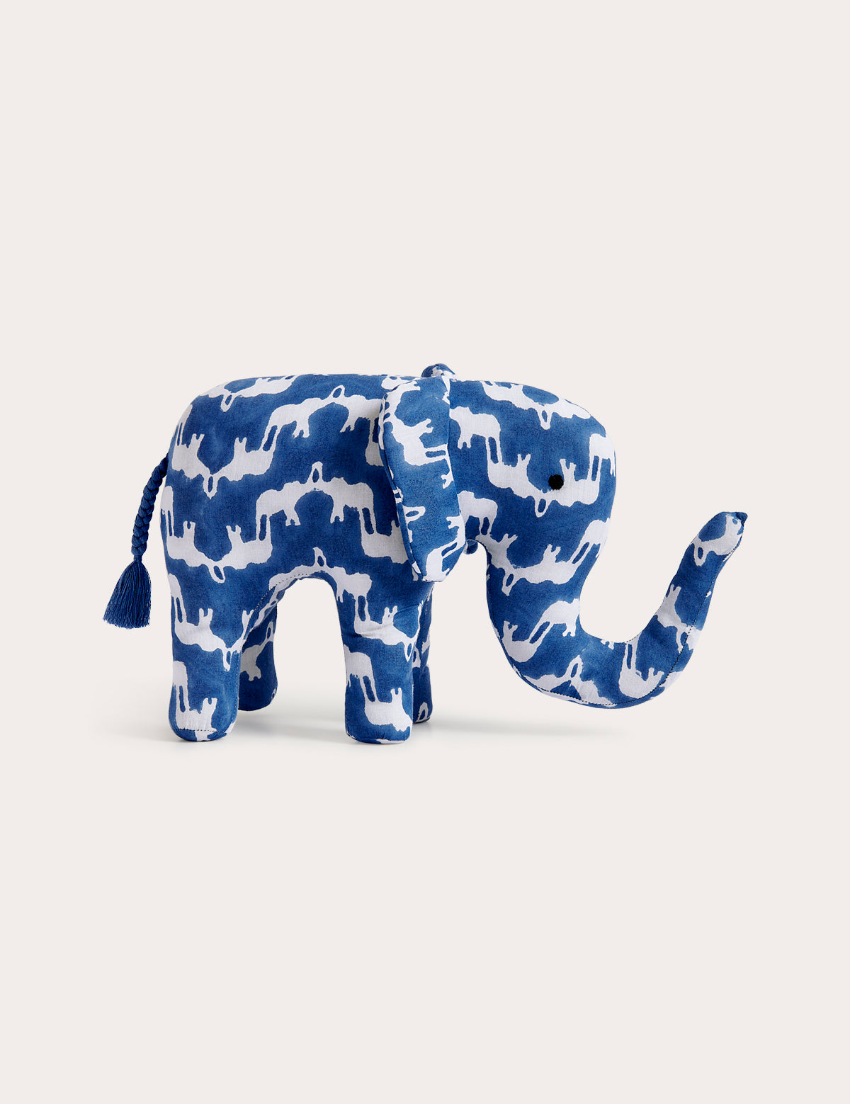 Collectable decorative soft ornament, Ezra the Elephant, featuring blue ‘Elephant Palace’ print in 80s cotton voile.